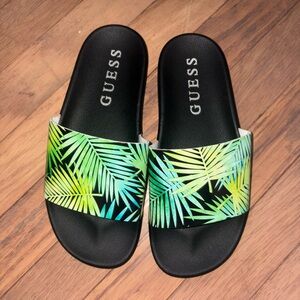 Guess Black Slides with Green and Yellow Leaf Design